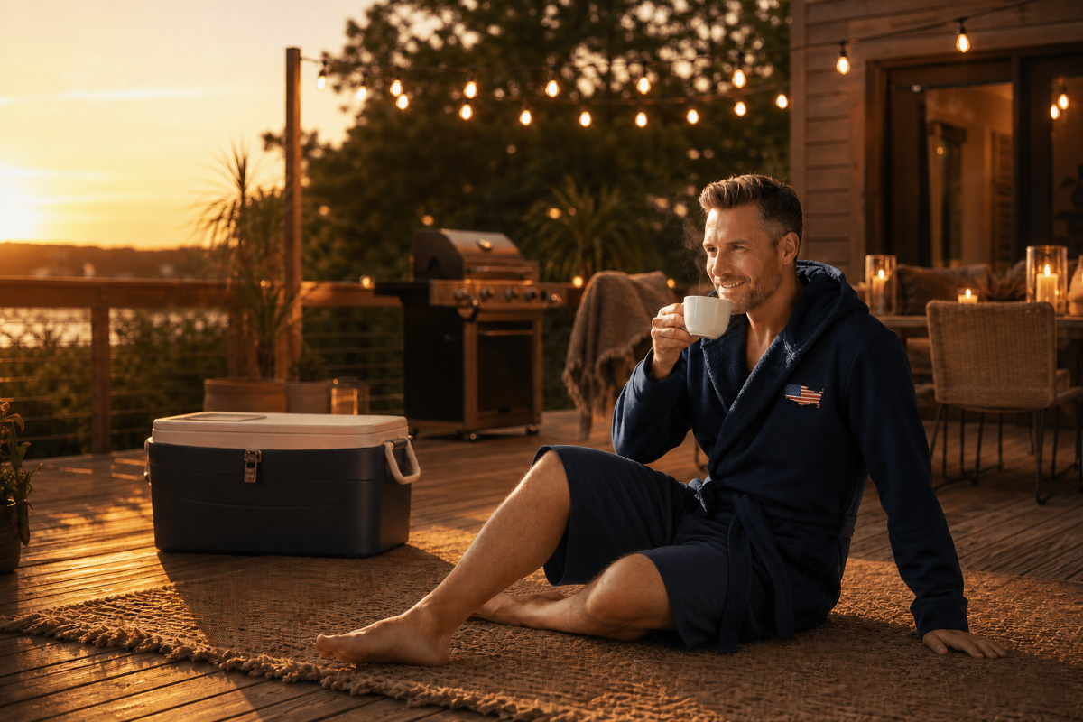 Man relaxing in USA DudeRobe on outdoor deck at golden hour wearing shorts underneath