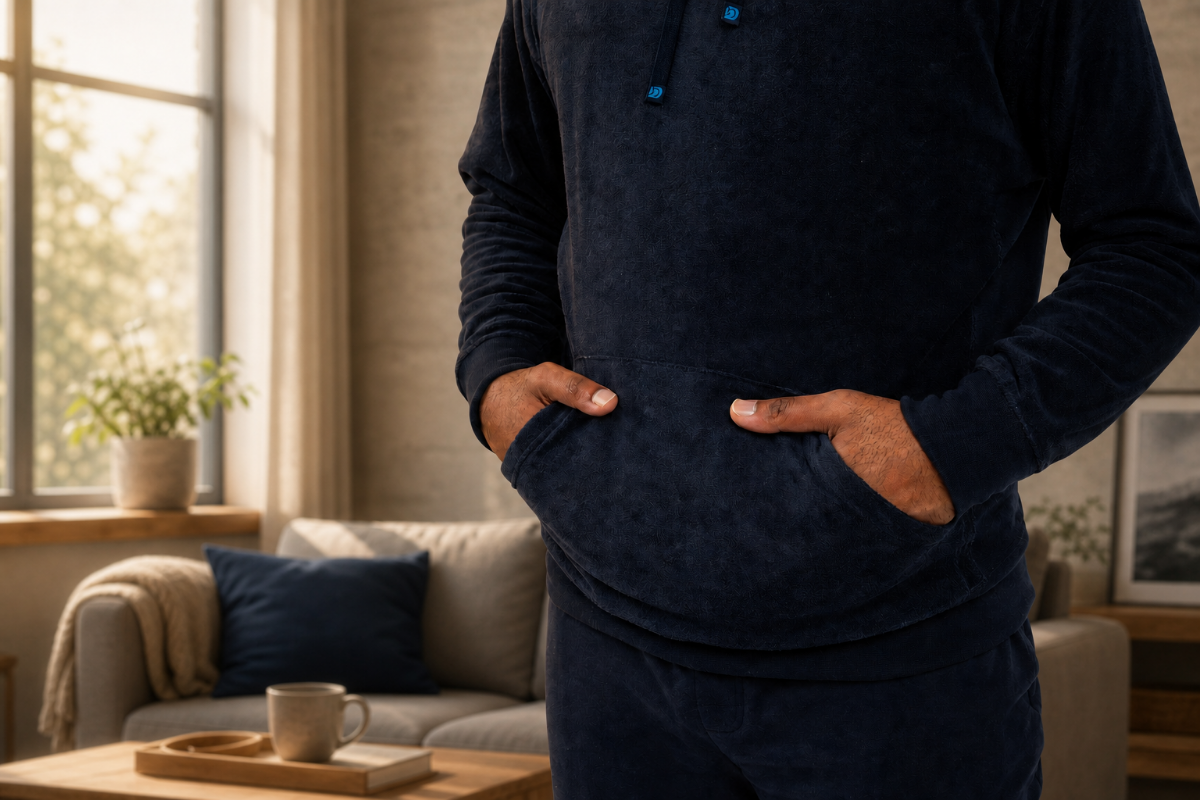 Lifestyle hero - man in DudeRobe gear at home