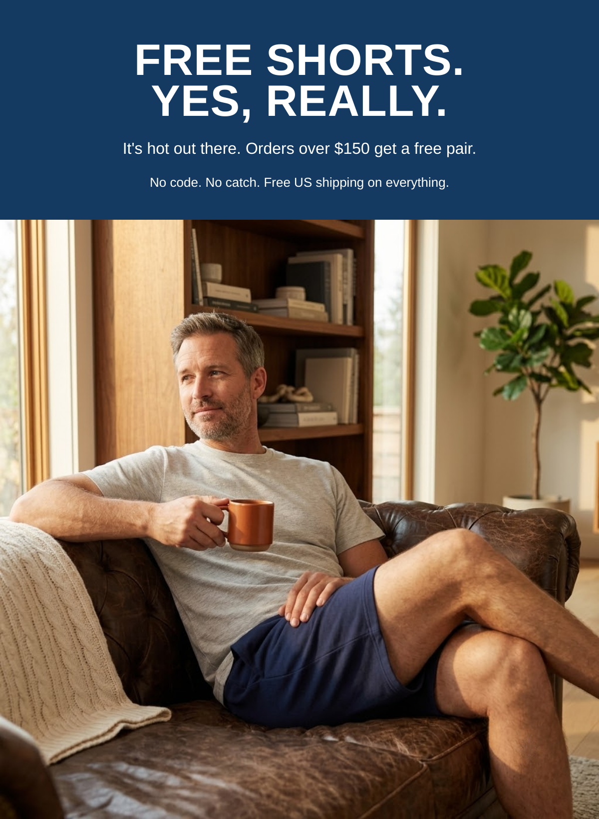DudeRobe navy header with free shorts headline and lifestyle hero image