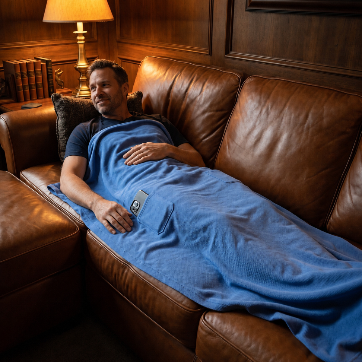 Man cozy on couch wrapped in BroThrow blanket with bright hot summer day visible through window
