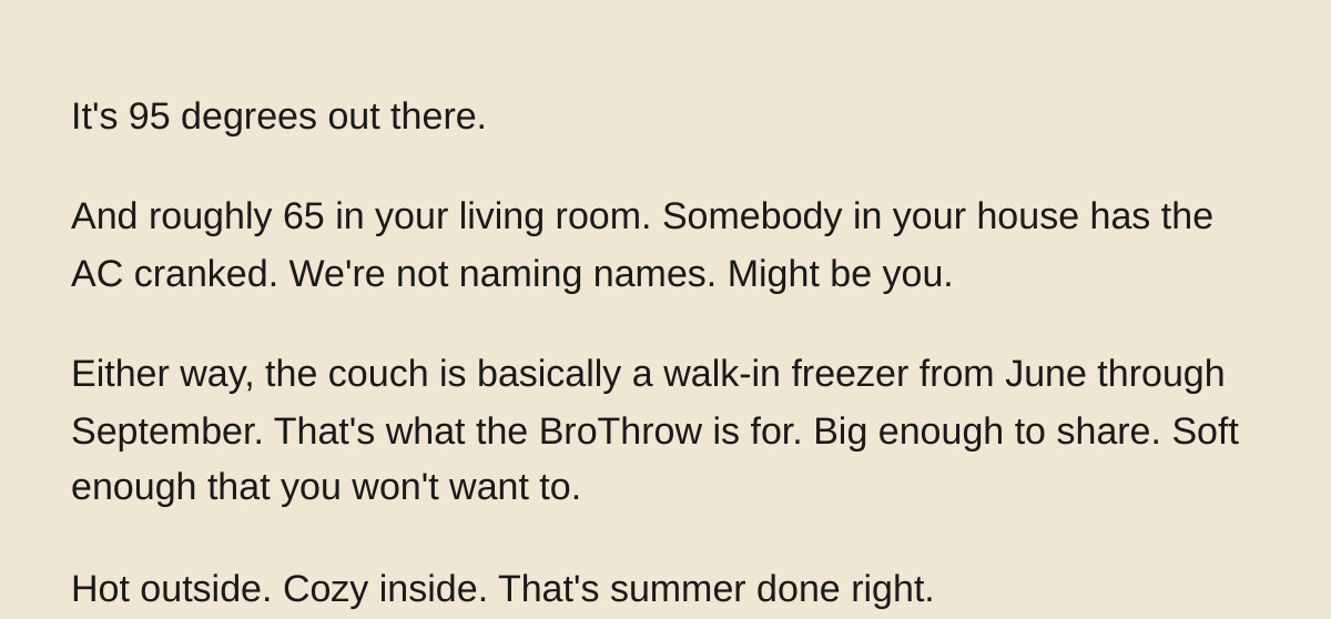 Email body copy about the BroThrow blanket